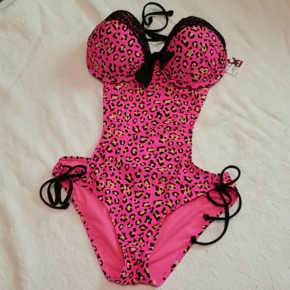 Bongo open back pink leopard swim suit